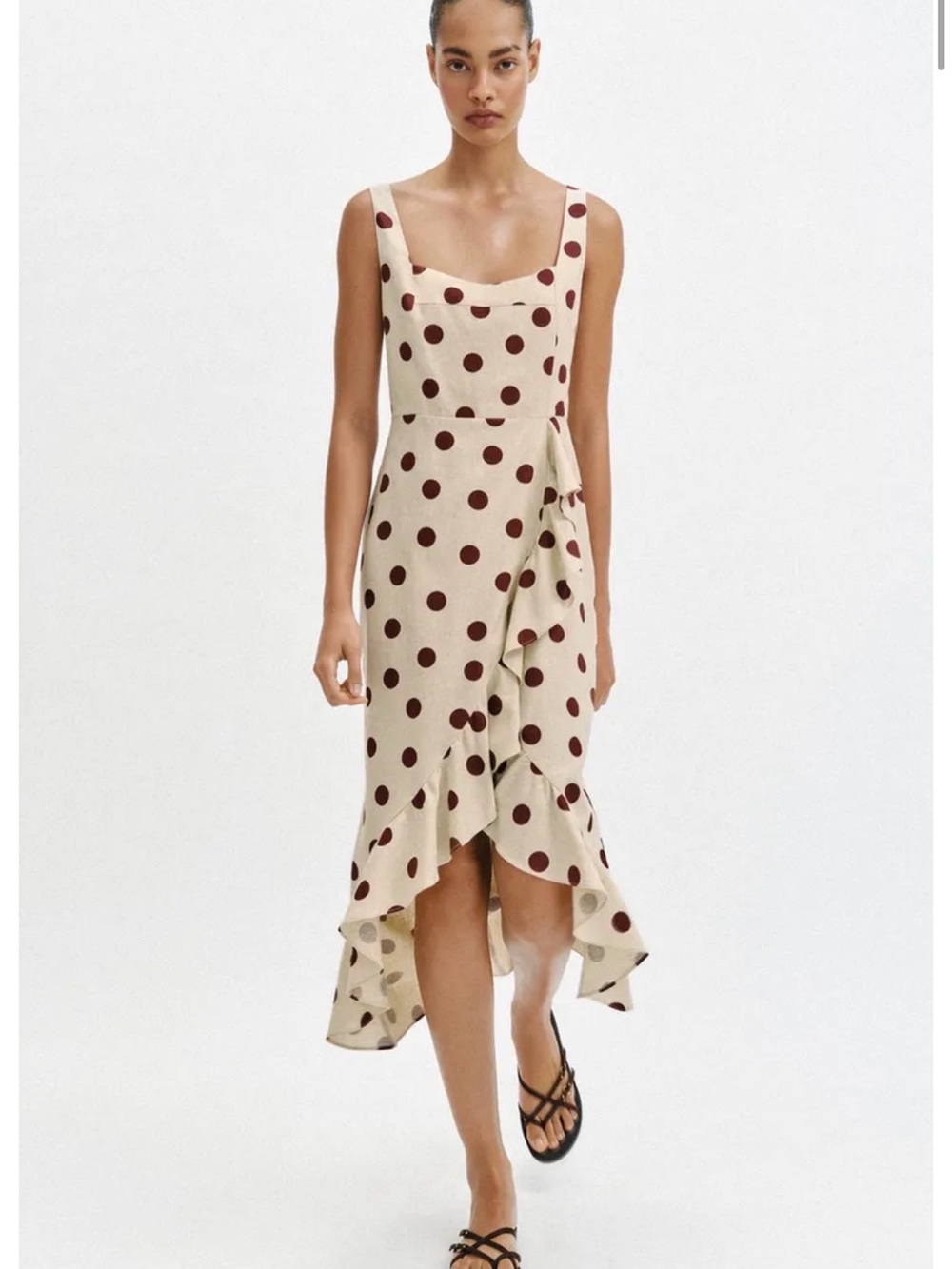 Zara Cream Polka Dot Ruffle Wrap High-Low Dress